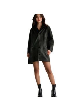 Vintage Black Leather Car Coat Y2K Midi Length Nicole Miller Women Medium EUC